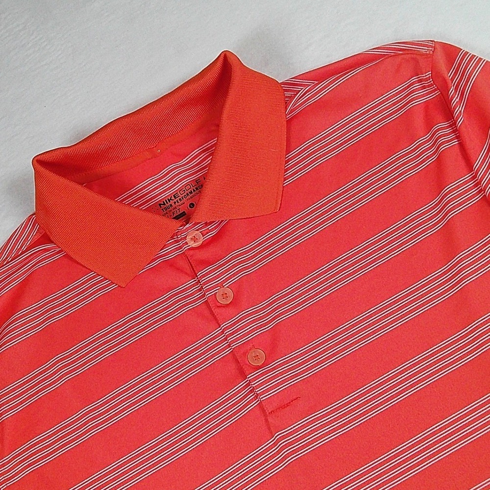 Nike Golf Tour Performance Polo Shirt Men Large Orange Striped Dri-FIT Short Slv